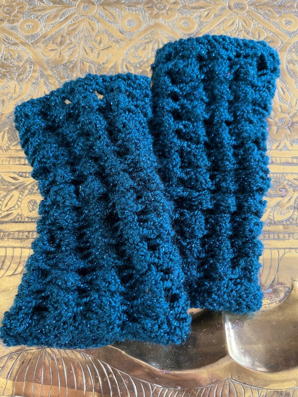 Handcrafted Teal Blue metallic Crochet Wrist Warmers - Unbranded